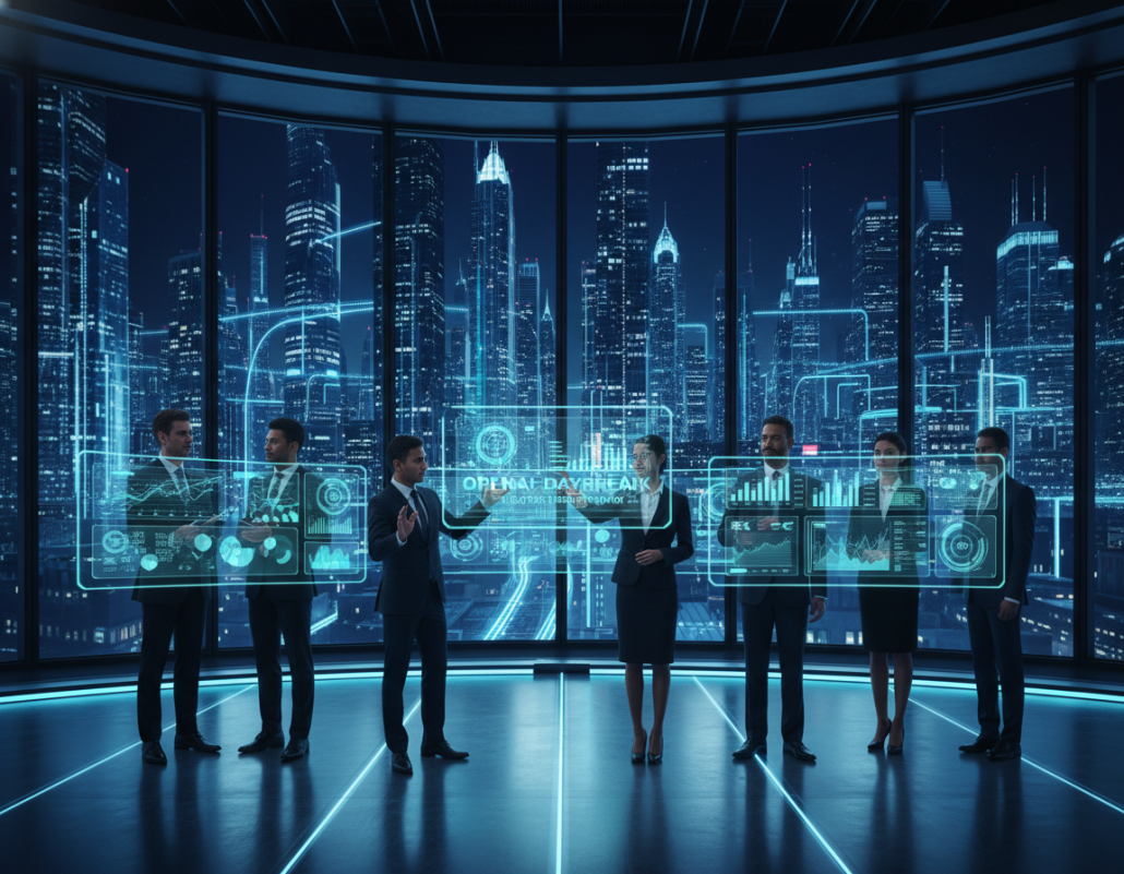 A futuristic cyber security control room, where advanced AI technology like OpenAI Daybreak is actively monitoring digital landscapes. In the foreground, a diverse team of professionals in business attire is engaging with holographic displays showcasing cyber threats and solutions. In the middle, sleek, translucent screens exhibit graphs and data analytics, illuminating their focused expressions. The background features a panoramic view of a digital city, interconnected with illuminated data flows. Soft blue and green lighting creates a high-tech atmosphere, casting dynamic shadows and reflections on the surfaces. The overall mood is one of innovation, collaboration, and vigilance in the realm of cyber security. Use a wide-angle lens to capture the expansive setting, highlighting the synergy between humans and technology. A futuristic cyber security control room, where advanced AI technology like OpenAI Daybreak is actively monitoring digital landscapes. In the foreground, a diverse team of professionals in business attire is engaging with holographic displays showcasing cyber threats and solutions. In the middle, sleek, translucent screens exhibit graphs and data analytics, illuminating their focused expressions. The background features a panoramic view of a digital city, interconnected with illuminated data flows. Soft blue and green lighting creates a high-tech atmosphere, casting dynamic shadows and reflections on the surfaces. The overall mood is one of innovation, collaboration, and vigilance in the realm of cyber security. Use a wide-angle lens to capture the expansive setting, highlighting the synergy between humans and technology.