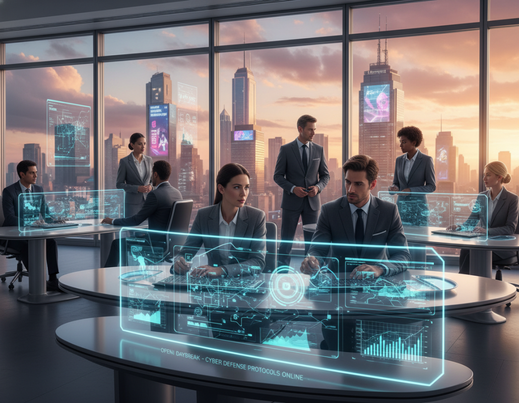 A futuristic office environment showcasing advanced cybersecurity solutions. In the foreground, a sleek digital interface displays graphs and metrics related to cyber defense, illuminated by soft blue and green lights. The middle ground features a diverse team of professionals in smart business attire, attentively analyzing data on monitors and discussing strategies. In the background, large windows reveal a city skyline bathed in the warm hues of sunrise, symbolizing new beginnings and digital growth. The lighting is bright yet soft, creating an uplifting atmosphere, while the camera angle is slightly elevated, providing a comprehensive view of the scene. The overall mood is one of collaboration and innovation, reflecting the essence of "OpenAI Daybreak" and its technological foundation. A futuristic office environment showcasing advanced cybersecurity solutions. In the foreground, a sleek digital interface displays graphs and metrics related to cyber defense, illuminated by soft blue and green lights. The middle ground features a diverse team of professionals in smart business attire, attentively analyzing data on monitors and discussing strategies. In the background, large windows reveal a city skyline bathed in the warm hues of sunrise, symbolizing new beginnings and digital growth. The lighting is bright yet soft, creating an uplifting atmosphere, while the camera angle is slightly elevated, providing a comprehensive view of the scene. The overall mood is one of collaboration and innovation, reflecting the essence of "OpenAI Daybreak" and its technological foundation.