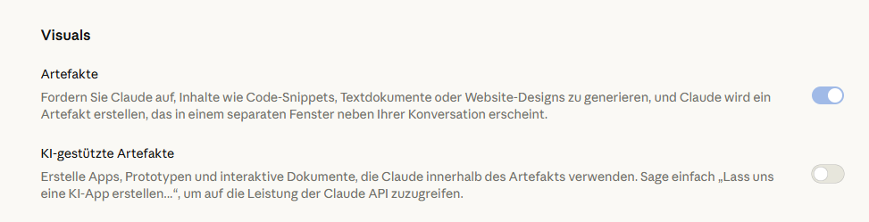 Interaktive Visualisierungen mit Claude: So nutzen Sie die Artifacts-Funktion effektiv 2 Screenshot: Einstellungen > Features > Artifacts aktivieren