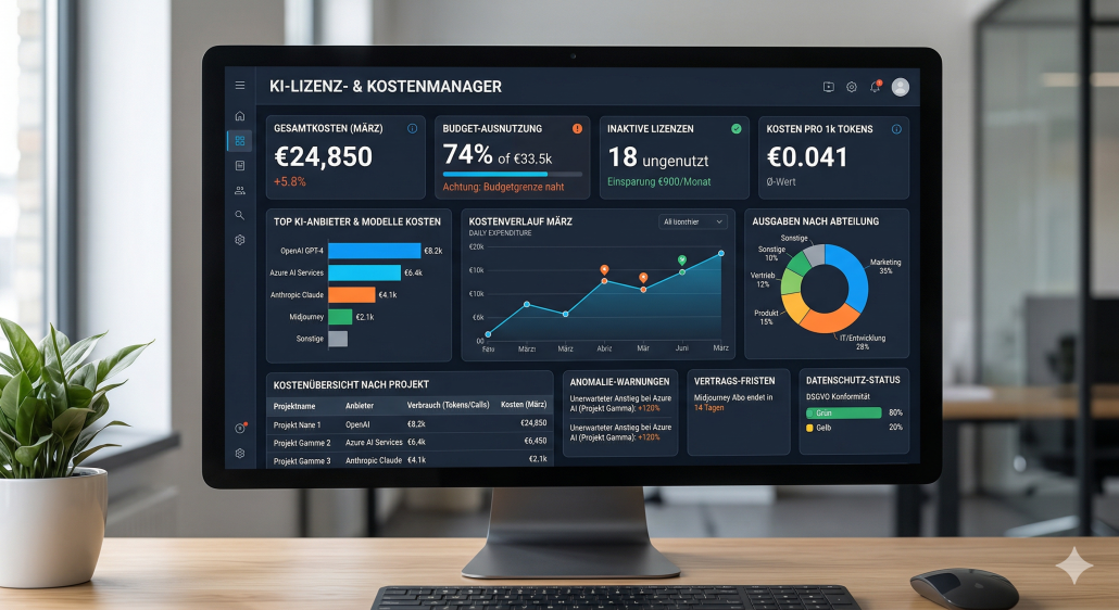 KI Lizenzmanagement im KMU: So nutzen Sie KI-Agenten für Ihre Software-Lizenzen 1 Dashboard eines KI-Lizenzmanagement-Tools mit Kostenübersicht