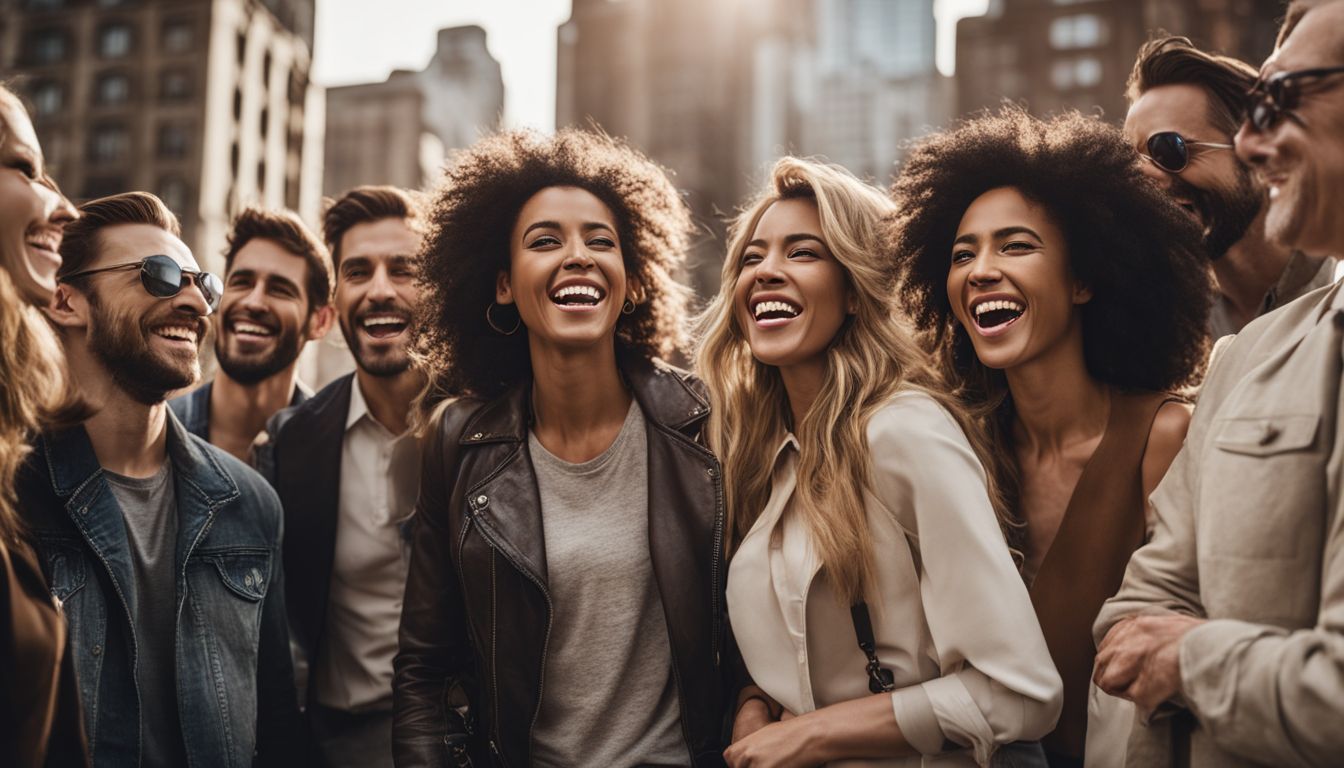 Eine diverse Gruppe von Menschen mit verschiedenen Gesichtern und Frisuren lacht und unterhält sich.