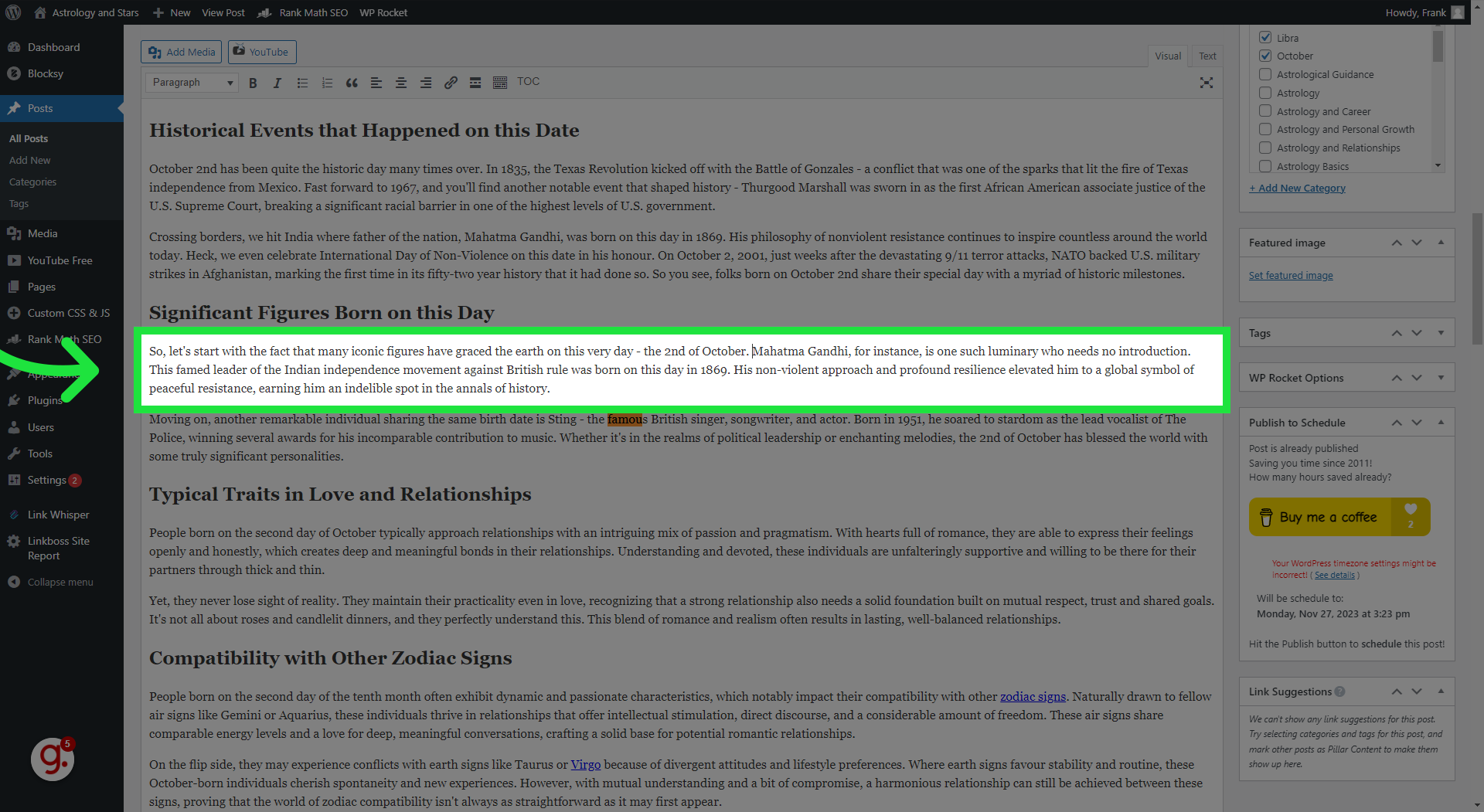 Wordpress Beitrag bearbeiten 37 Suche den ersten Prominenten - hier Mahatma Gandi - und kopiere dessen Namen