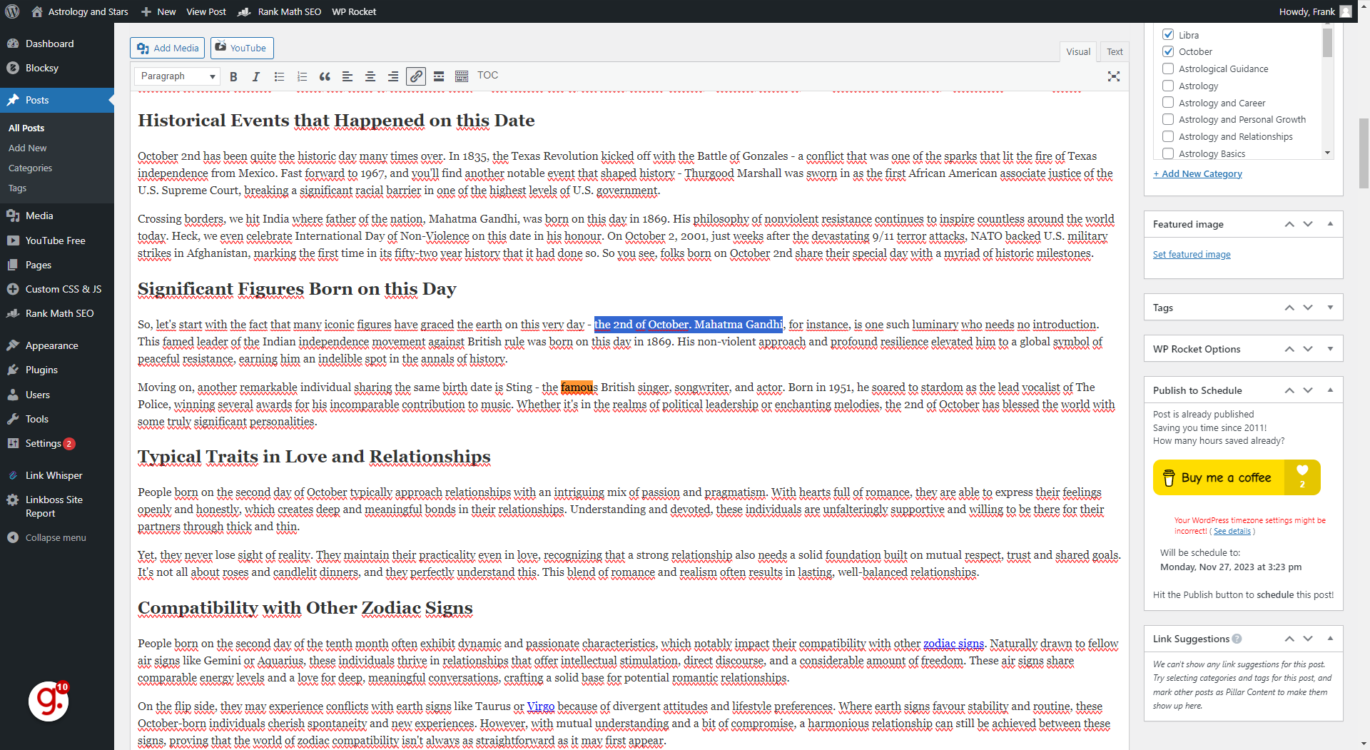 Wordpress Beitrag bearbeiten 42 Nun zurück zu Website 'www.astrostarworld.com'
