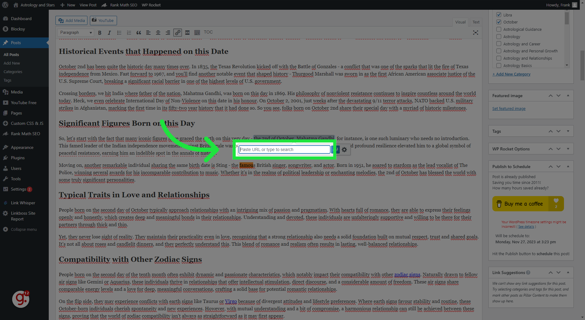 Wordpress Beitrag bearbeiten 44 Klicken 'Paste URL or type to search'